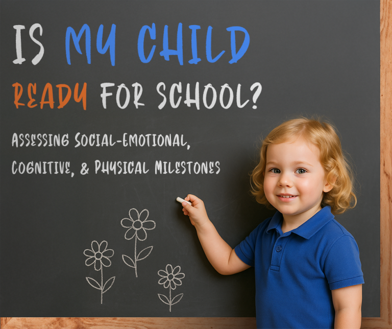 A smiling toddler holding a piece of chalk in front of a chalkboard that reads Is my child ready for school?